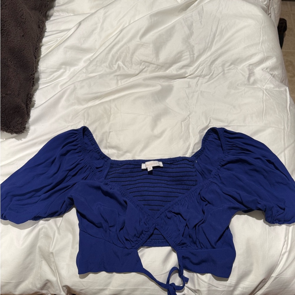 Olivaceous Blue and White Crop Blouse with Tie Front